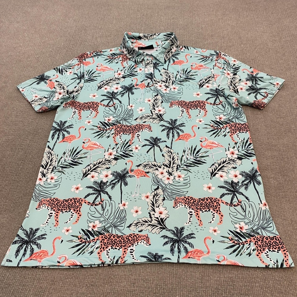 GreenSide Golf Polo Shirt Mens M Green Flamingo Leopard Graphic Print Golf